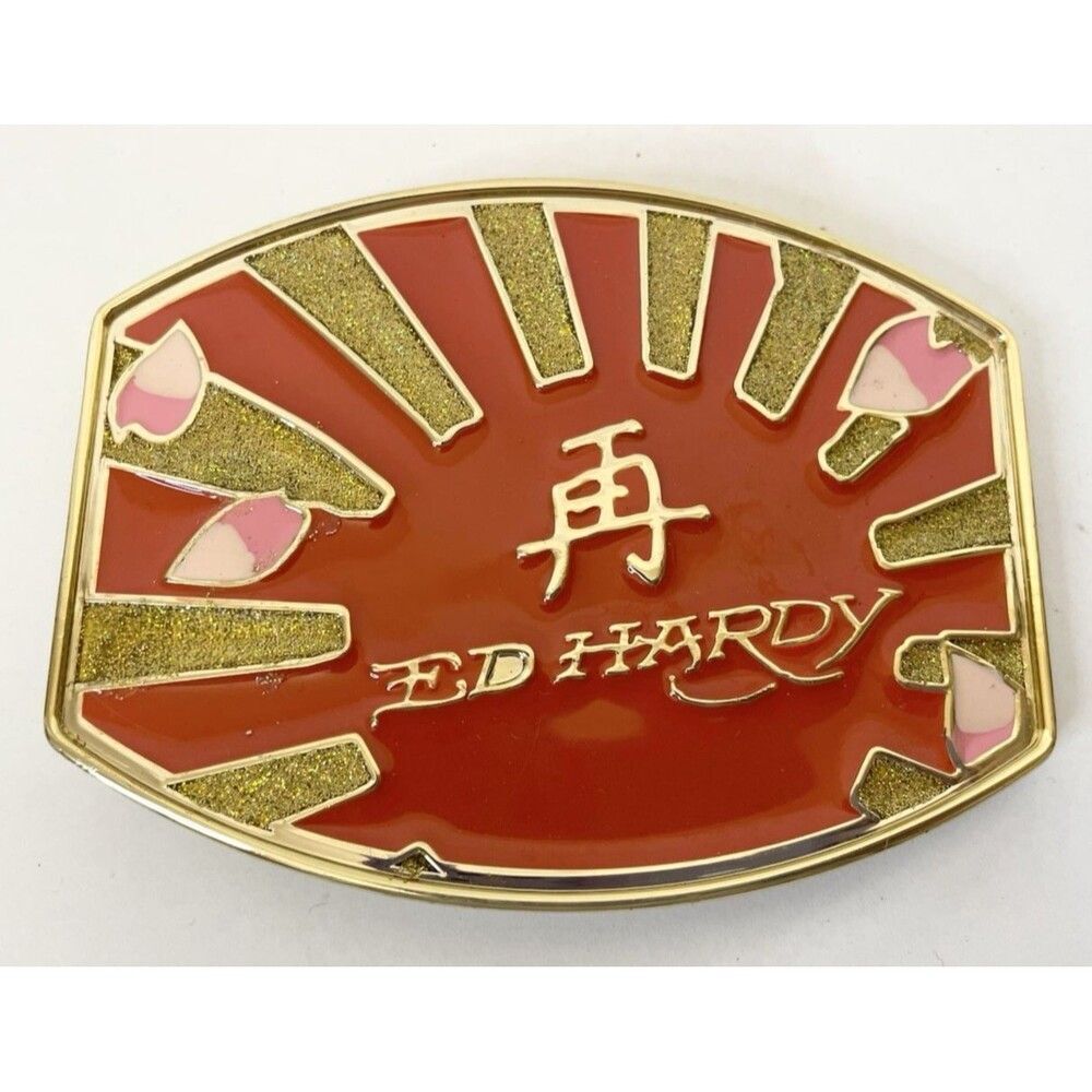 Men's ED HARDY Belt Buckle Only Red Gold Glitter Textured Metal Heavy No Belt
